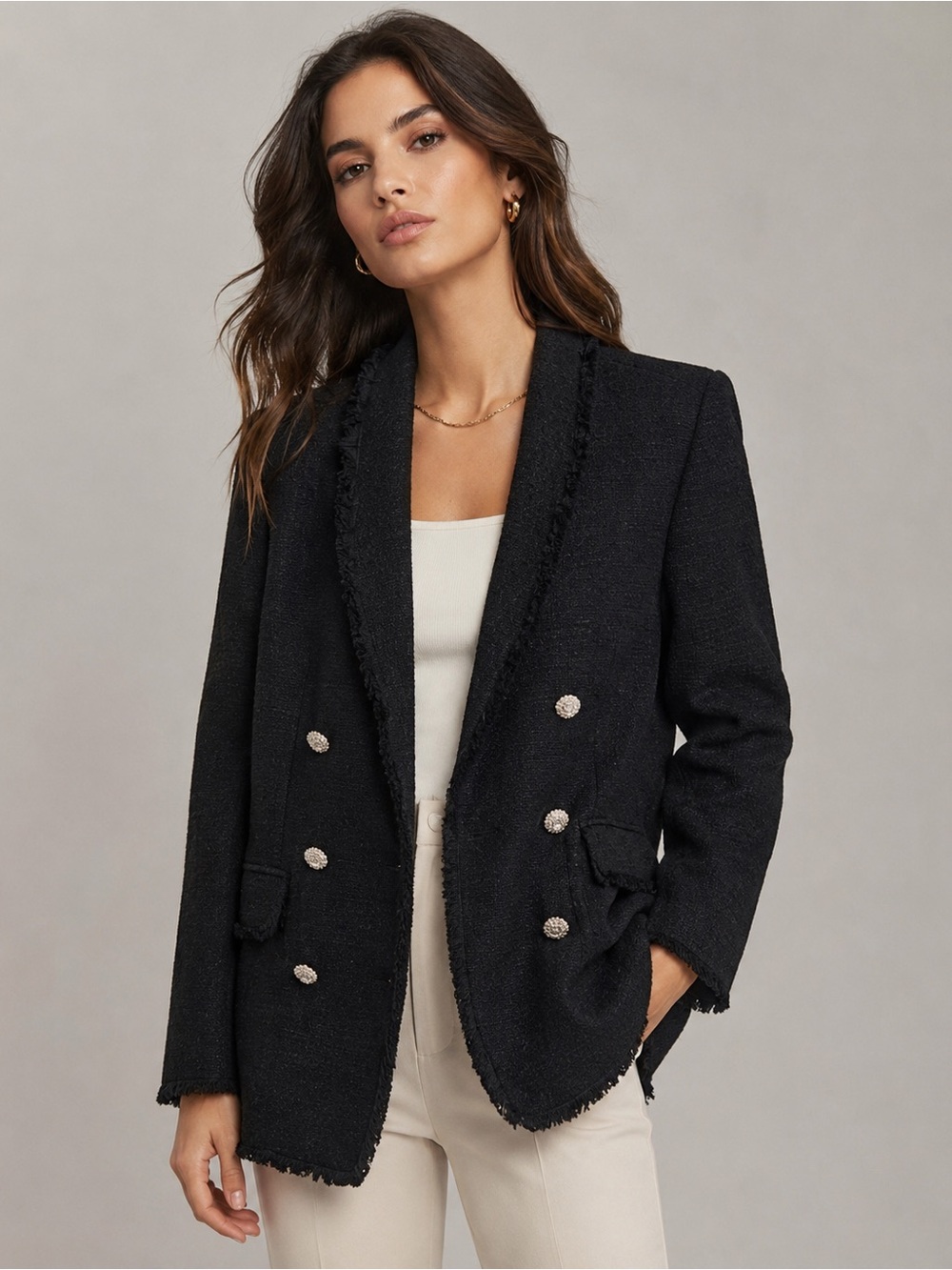 ZARA Black Tweed Double-Breasted Blazer Jacket size large